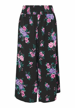 Sorte blomstrede culottes med en smocket talje, prydet med lilla, pink og grønne blomster mønstre, letvægtsmateriale og brede ben.