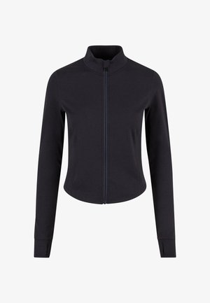 Meeste must lukuga jakk kõrge kaelusega, pikkade varrukatega, kitsas lõige, sile tekstuur ning nähtamatud logod või mustrid.