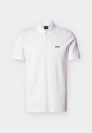 White polo shirt with a textured geometric pattern, featuring a two-button placket, ribbed collar and sleeves, and a small black logo on the chest.