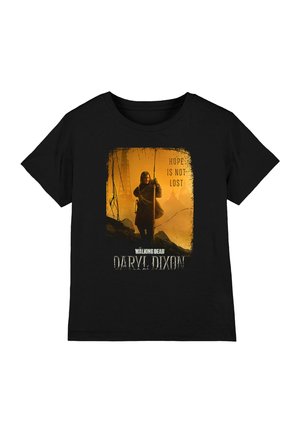 Schwarzes T-Shirt mit einer Figur, die eine Armbrust hält, und dem Text "Hoffnung ist nicht verloren" sowie "The Walking Dead Daryl Dixon" auf orangem Hintergrund.