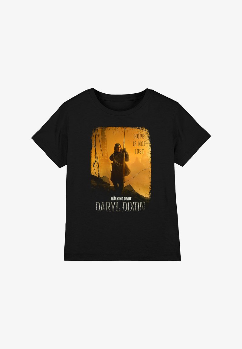 Schwarzes T-Shirt mit einer Figur, die eine Armbrust hält, und dem Text "Hoffnung ist nicht verloren" sowie "The Walking Dead Daryl Dixon" auf orangem Hintergrund.