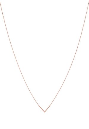 Rózsaarany nyaklánc, amely finom láncból és V-alakú medálból áll, minimalista dizájnnal. Diszkrét fény és sima textúra jellemzi.