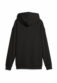 Felpa nera con cappuccio realizzata in un tessuto morbido. Caratterizzata da una vestibilità ampia, spalle scese e polsini e orlo a coste. Senza marchi o design visibili.