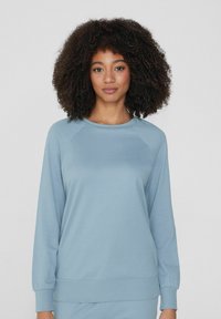 Světle modrá mikina s dlouhými raglánovými rukávy, pružnými manžetami a lemováním, vyrobena z měkkého materiálu, s uvolněným střihem a hladkou strukturou.