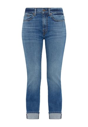 Højtaljede blå jeans lavet af denim, med en lys vask, smalle ben og opkrøllede sider for et cropped look.