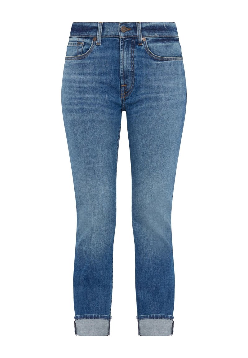 Hochgeschnittene blaue Jeans aus Denim mit einer hellen Waschung, tapered Beinen und umgeschlagenem Saum für einen gekürzten Look.
