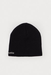 Cappello di lana nera con texture a coste, dotato di un bordo arrotolato e logo "Columbia" ricamato in bianco sul lato.