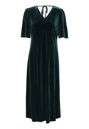 Velours jurk in diep groen met een V-hals, korte mouwen en een striksluiting op de rug. Soepele textuur met een vloeiende, A-lijn silhouet.