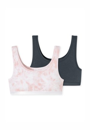 Dos bralettes: una en un tie-dye rosa claro con una banda blanca, la otra en gris oscuro sólido. Ambas cuentan con tirantes anchos y un diseño sin costuras.