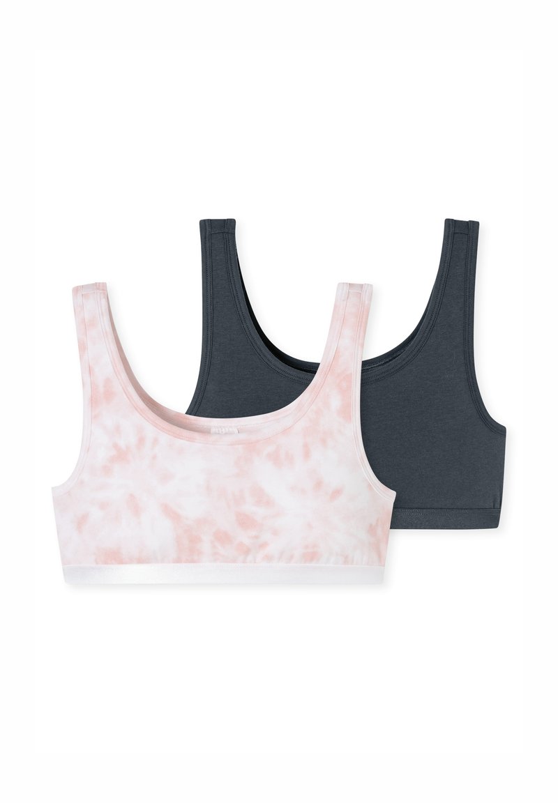 Dos bralettes: una en un tie-dye rosa claro con una banda blanca, la otra en gris oscuro sólido. Ambas cuentan con tirantes anchos y un diseño sin costuras.