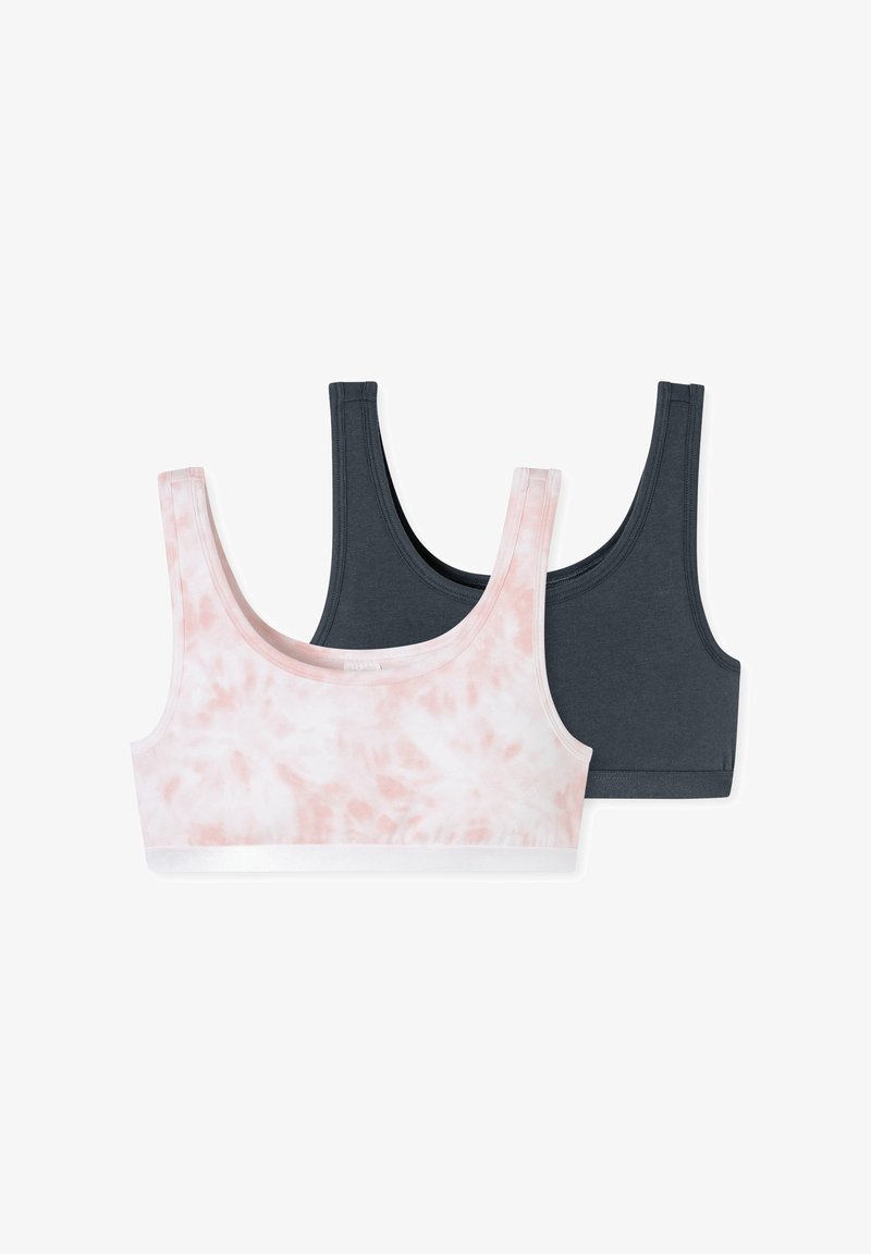 Dos bralettes: una en un tie-dye rosa claro con una banda blanca, la otra en gris oscuro sólido. Ambas cuentan con tirantes anchos y un diseño sin costuras.