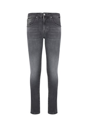 Schmale graue Denim-Jeans mit fünf Taschen, mittelhoher Taille und leichten Verwaschungen, aus Baumwollstretchmaterial gefertigt.