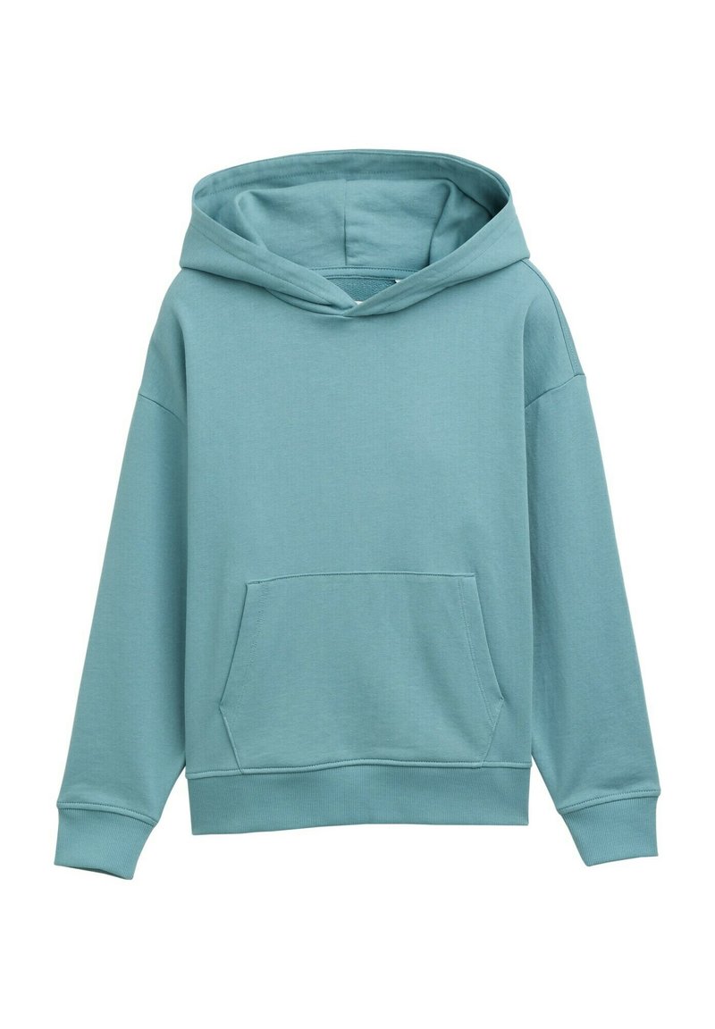 Ljus teal sweatshirt i mjukt material, med en framficka, långa ärmar och snörning i huvan. Slät textur och regular fit.
