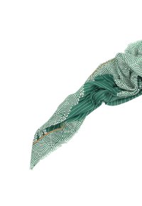 Sciarpa verde con un motivo a spirale e sottili strisce bianche, realizzata in tessuto leggero con una texture morbida e bordi frangiati.