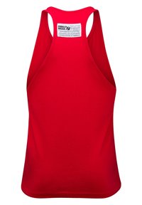 Red cotton tank top with a racerback design. Features a label at the back with branding information. Smooth texture and minimal detailing.
