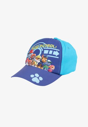 Cappellino da baseball blu con un grafico di Paw Patrol sul fronte, visiera viola e dettaglio di impronta di zampa azzurra sul bordo.