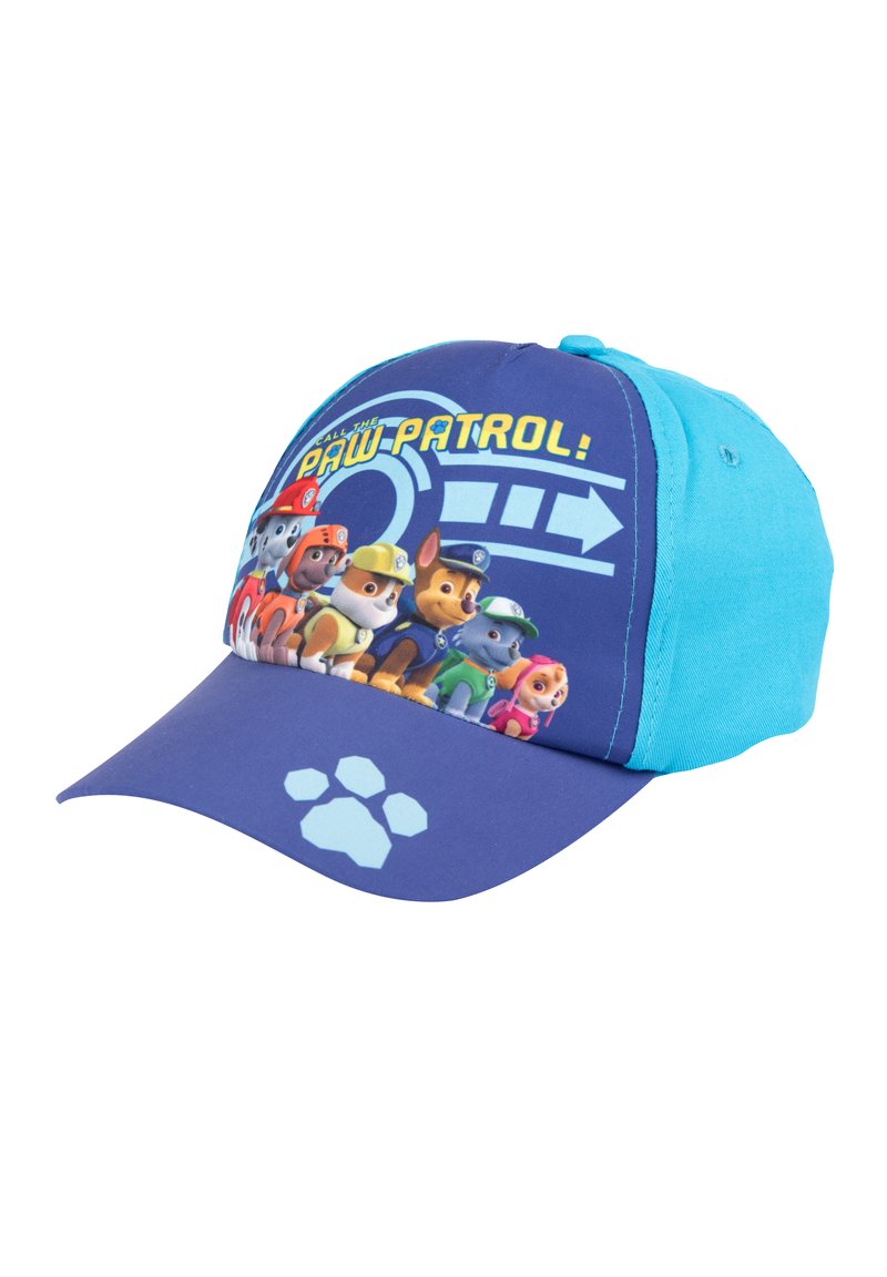Cappellino da baseball blu con un grafico di Paw Patrol sul fronte, visiera viola e dettaglio di impronta di zampa azzurra sul bordo.