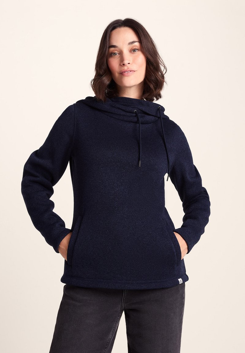 Navy blue pullover hoodie with a loose cowl neck, drawstring, long sleeves, and side pockets in a textured fabric.