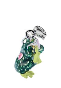 Grüner Frosch-Anhänger mit glänzendem Emaille-Finish, versehen mit einem herzförmigen lila Stein, silberner Beschlägen und strukturierten Punkten auf dem Körper.