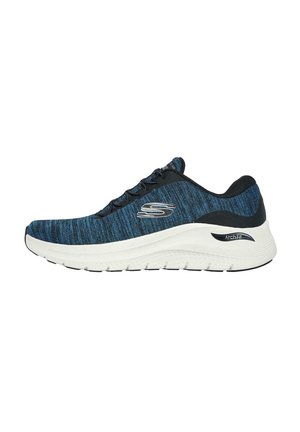 Zapatillas deportivas en azul y negro con una parte superior de malla, media suela blanca acolchada y suela texturizada. Presenta el diseño "Arch Fit".