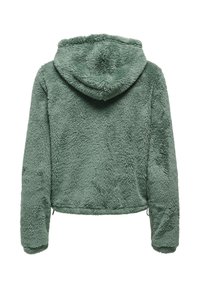 Veste en polaire douce et pelucheuse de couleur verte, à manches longues et capuche attachée, présentée de dos sur fond blanc.