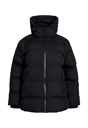 Svart puffjacka med hög krage, dragkedja fram och två sidofickor med dragkedja. Tillverkad av slätt, mjukt tyg med horisontell vaddering.