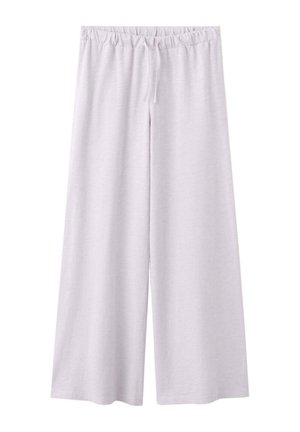 Pantalon large violet clair avec taille élastique et cordon, coupe ample et longueur cheville.