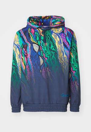 Hooded sweatshirt in navy, featuring a multicolored, abstract pattern with green, pink, and yellow. Includes elastic cuffs and a drawstring.