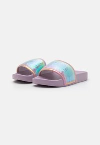 Purple slide sandals feature a shimmering iridescent sequined strap and a cushioned outsole for comfort.