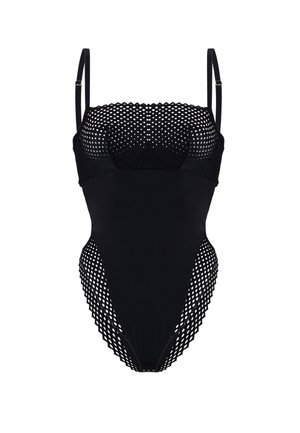 Maillot de bain une pièce noir avec un haut en crochet texturé, des bretelles ajustables et des détails en maille ouverte sur les côtés. Finition en nylon lisse.