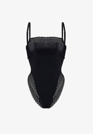 Maillot de bain une pièce noir avec un haut en crochet texturé, des bretelles ajustables et des détails en maille ouverte sur les côtés. Finition en nylon lisse.