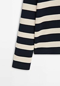 Manche de pull tricoté à rayures horizontales bleu marine et blanches ainsi qu'une partie du torse sur fond blanc.