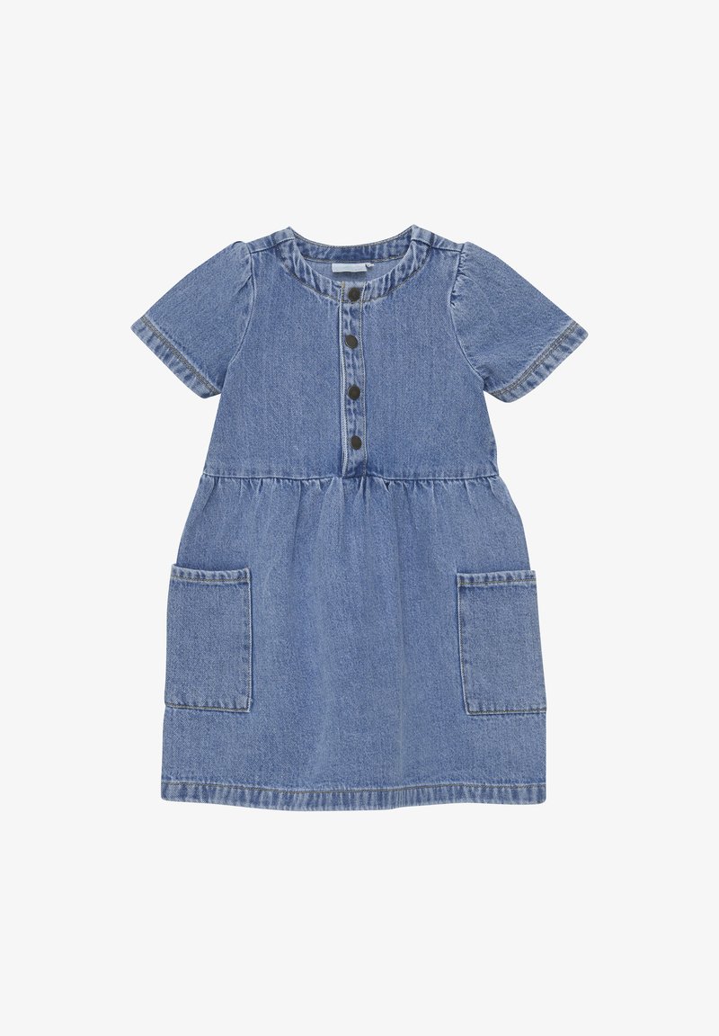 Jeanskleid mit rundem Halsausschnitt, kurzen Puffärmeln, Knopfleiste vorne und zwei großen Taschen. Die Farbe ist hellblau mit gestickten Details.