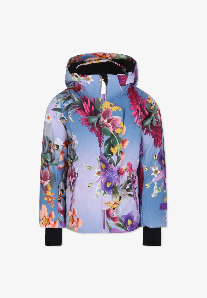 Blumenmuster-Skijacke in Blau- und Purpurtönen. Mit einem Reißverschluss vorne, Kapuze und schwarzen Akzenten an den Bündchen.