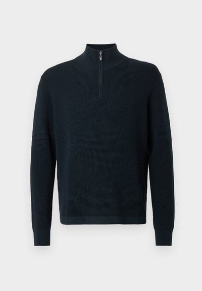 Pulover cu fermoar de culoare albastru închis, cu guler înalt, model de tricot texturat, manșete ribbate și tiv drept. Fabricat dintr-un material moale.