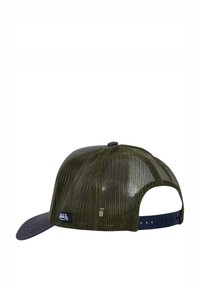 Casquette en maille verte avec un panneau frontal gris foncé, visière courbée, fermeture snapback réglable et un petit logo sur le côté.