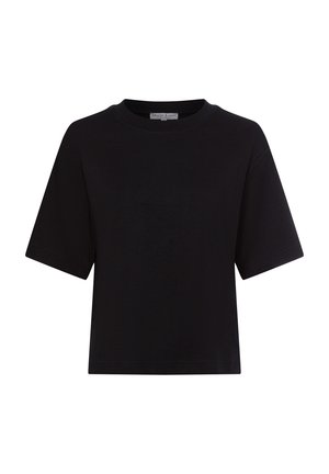 Czarny krótki T-shirt wykonany z miękkiej bawełny, z krótkimi rękawami i okrągłym dekoltem, charakteryzujący się prostym designem bez wzorów czy akcentów.