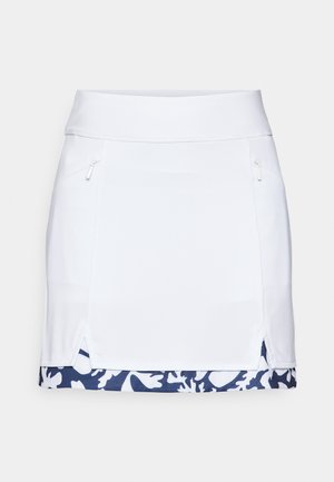 Fustă sport albă cu o textură netedă, având buzunare laterale cu fermoar și un model floral bleu închis în partea de jos.