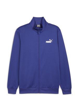Lilla zip-up jakke lavet af glat stof, med høj krave, ribbede manchetter og et hvidt Puma-logo på øverste venstre side.