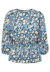 Blusa floreale con sfondo nero e fiori blu e rosa, vita elastica, maniche lunghe a sbuffo e colletto rotondo.
