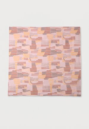 Square fabric with abstract geometric pattern of horizontal stripes in pink, yellow, and brown shades on light pink background.