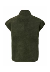 Tumši zaļš, teksturēts, bez piedurknēm, fleeces veste ar augstu apkakli, parādīta no aizmugures.