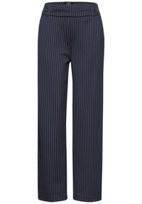 Pantalon bleu marine avec un motif à rayures fines, design à jambes larges, tissu lisse et ceinture cintrée avec détail de bouton.