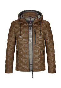 Braune, gepolsterte Jacke mit Kapuze, strukturierte Oberfläche, Reißverschluss vorne und zwei Seitentaschen. Innen mit grauem Futter und einem Logo.