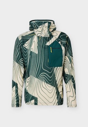 Pile a collo alto con motivo topografico verde scuro e crema e tasca sul petto verde scuro con cursore della cerniera giallo.