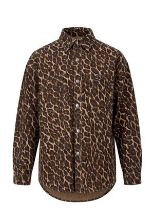 Skjorte med lange ærmer og knapper, med brunt og sort leopardmønster, to brystlommer og krave.
