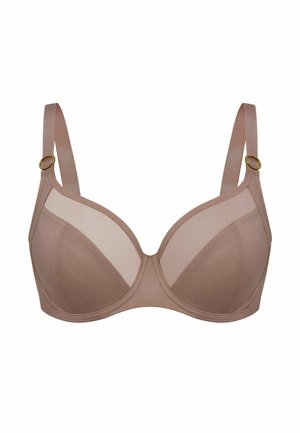 Jasnobrązowy biustonosz z fiszbinami, z przezroczystymi górnymi miseczkami, regulowane ramiączka z metalowymi złotymi pierścieniami.