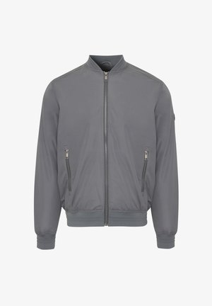 Grijze bomberjack met een ritssluiting aan de voorkant, twee zijzakken met rits, ribgebreide kraag en boorden, een gladde textuur en een licht gewatteerde afwerking.