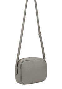 Grijze leren schoudertas met een rechthoekige vorm, gouden ritsluiting, slanke schouderband en een gladde textuur.