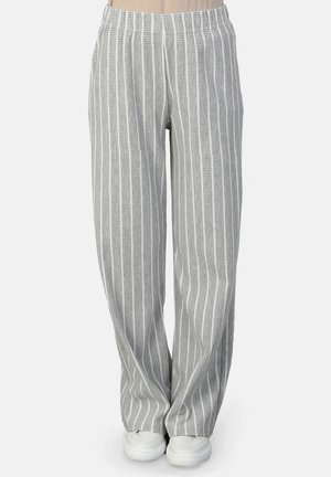 Grey and white striped wide-leg pants with an elastic waistband, made from lightweight fabric, featuring a textured pattern.